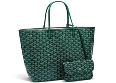 Goyard Saint Louis Tote PM Green in Canvas/Calfskin with Palladium-tone Goyard Colors, Green Designer Bag, Green Goyard Tote Outfit, Wallets Aesthetic, Green Goyard Bag, Green Goyard Tote, Green Wishlist, Goyard Purse, Green Goyard