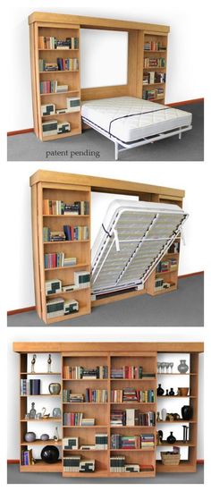 three different views of a bed with bookshelves