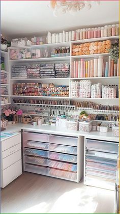 an organized sewing room with lots of crafting supplies on shelving units and drawers