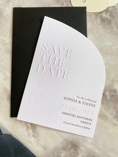 two black and white wedding cards with the words save the date printed on them next to each other