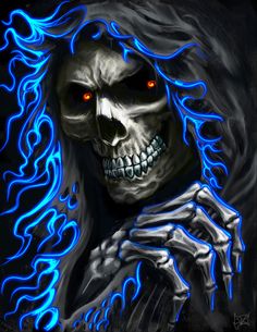 a skeleton with long hair and red eyes is shown in this digital art painting style