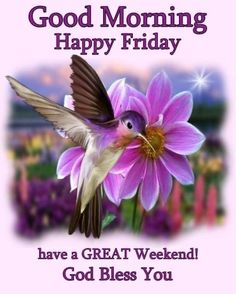 a pink flower with a bird on it and the words good morning happy friday have a great weekend god bless you