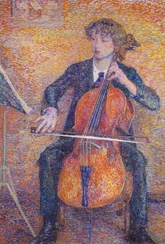 a painting of a man playing the cello