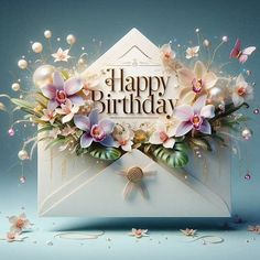 an open envelope with flowers and butterflies on the inside that says happy birthday to you