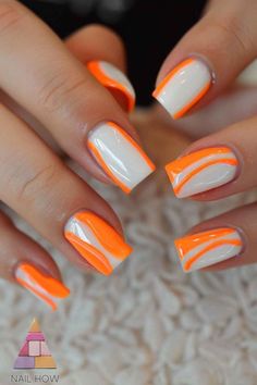 Get summer-ready with these neon orange and white square nails. Sleek lines add a touch of modern flair. Check out nailhow.com for more simple summer nails. Save this pin for your next mani! White And Orange Nails, Orange And White Nails, Simple Summer Nail Designs, White Square Nails, Simple Summer Nails, Neon Yellow Nails, Sky Blue Nails, Mint Green Nails, Silk Wrap Nails