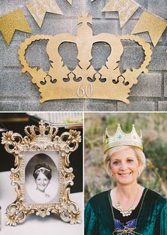 a collage of photos with gold crowns on top of them and an image of a woman wearing a tiara