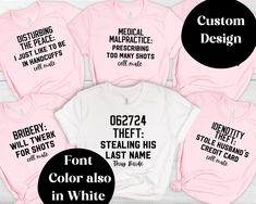 six shirts with different font styles and colors on the front, side, and back