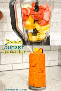 an orange smoothie in a blender with strawberries and pineapples inside