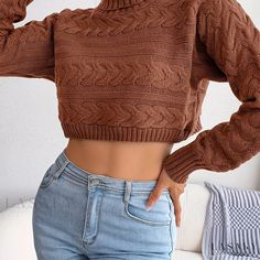 Lasaky - Chic Cable-Knit Turtle Neck Sweater: Cozy Long Sleeve Crop Top for Women, Ideal for Fall & Winter Fashion Crop Top For Women, Crop Pullover, Fall Winter Fashion, Winter Knit Sweater, Elegant Fabric, Cropped Pullover, Turtle Neck Sweater, Color Coffee, Oversize Knit