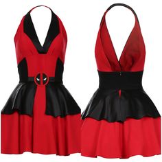 a red dress with black and white trims