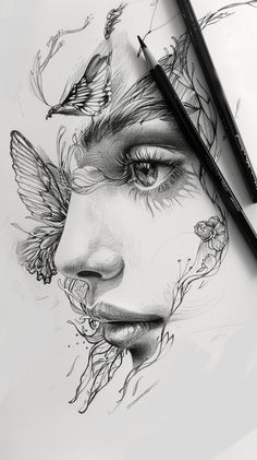 a pencil drawing of a woman's face with butterflies on it