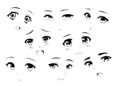 an anime character's eyes are shown in black and white, with different angles