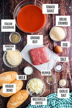 ingredients to make meatloaf laid out on a wooden table with text overlay