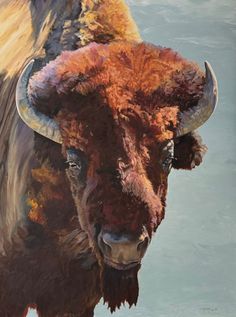 an oil painting of a bison standing in the water