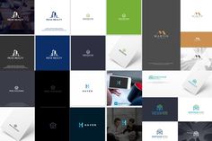 many different logos and business cards are arranged in this collage, including the letter h