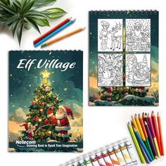 the elf village coloring book with colored pencils and markers