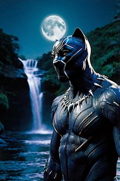 a black panther standing in front of a waterfall