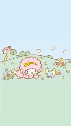 an image of hello kitty in the field with her bunny ears up and other animals around