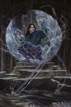 a painting of a woman with her hands out in front of a large ball that is floating