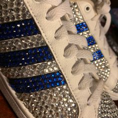 These Are Pre-Owned Adidas Originals That Are Blinged Out With Rhinestones. I Hand Stoned These Shoes With Clear And Blue Crystals. Each And Every Crystal Is Set By Hand With Top Quality, Permanent Adhesive. Shoes Adidas, Blue Adidas, Blue Crystals, Adidas Shoes, Adidas Women, Blue And Silver, Diy Clothes, Adidas Originals, Athletic Shoes