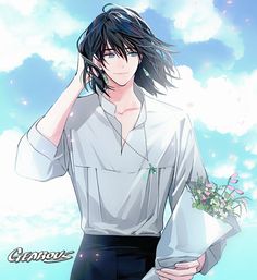 an anime character with long black hair and white shirt holding flowers in front of clouds