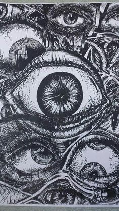 an eye is shown in the middle of a black and white drawing with lots of eyes