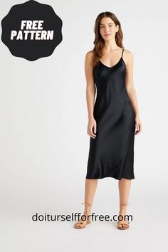 a woman wearing a black slip dress with the words free pattern below it and an image of