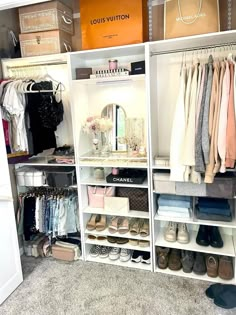 an organized closet with shoes, bags and other items