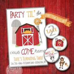 a red barn birthday party with buttons and magnets