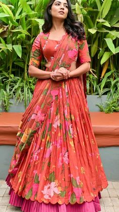 #scalloplehanga Lahnga Choli Design For Girl, Long Frock Models For Women, Simple Lehenga Designs Unique, Floral Gowns Indian, Fancy Sarees Blouse Designs, Fancy Half Sarees, Lehenga Drape, Traditional Frocks, Long Frocks Indian Designer Dresses