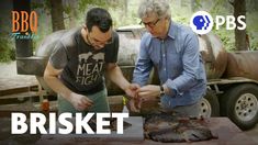 two men standing over a grill with the words bbq talk to them on it