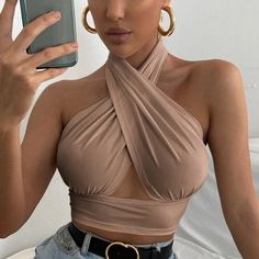 Brand- Shein Size- Small Color- Khaki No Rips Or Stains Never Worn Very Cute/Sexy! Streetwear Winter, Halter Neck Crop Top, Backless Crop Top, Wear Crop Top, Jumpsuit Outfit, Halter Tank, Halter Tops, Halter Neck Top, Night Out Outfit