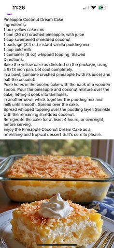 the recipe for pineapple coconut dream cake