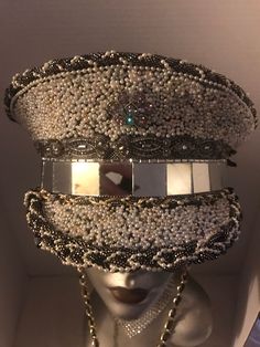 White pearls mirrors wrapped around in the center trimmed with braided string of pearls Elegant Embellished Hats For Festival, Elegant Silver Embellished Hats, Festival Hat, String Of Pearls, Costume Hats, Baseball Caps, Costume Accessories, Wrap Around, Pearl White