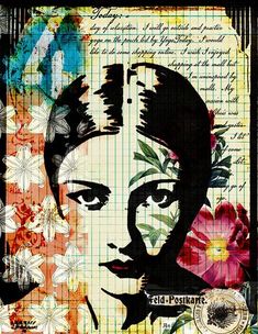 a painting of a woman's face with flowers in her hair and words on the background