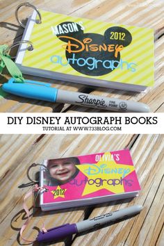 the disney autograph books are being displayed on a wooden table with scissors and markers