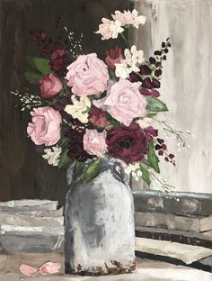 a painting of flowers in a vase on a table