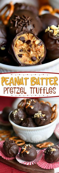 peanut butter pretzel truffles on a platter with the title overlay