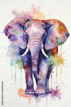 an elephant painted in watercolor on a white background