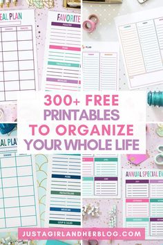 A variety of organizing printables for meal planning, weekly planning, and special events, displayed with colorful stationery and decorative items. Printable Organization Sheets, How To Organize Your Life Free Printable, Free Printable Life Organizer, What If Binder Printables Free, Blank Organizer Free Printable, Printable Calendar Pages, Student Binders, Thank You Printable, Free Printables Organization