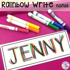 the name jenny with crayons in front of it and some writing on paper