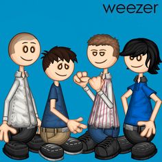 three men standing next to each other in front of a blue background with the words weezer on it