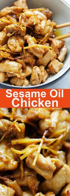 sesame oil chicken in a bowl with chopsticks