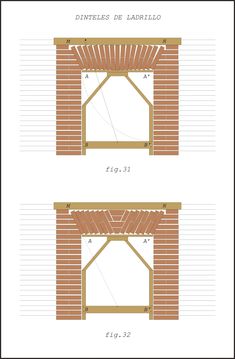 two different views of a brick fireplace with measurements for the top and bottom sections,