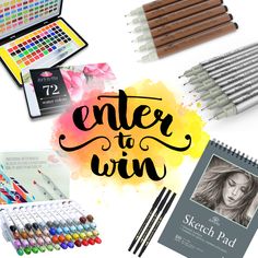 an assortment of art supplies including pencils, markers, and watercolor pens with the words enter to win written on it