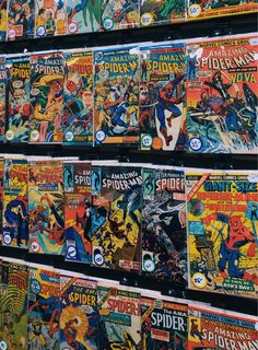 many comics are on display in a store