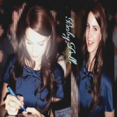 two pictures of a woman in blue shirt using her cell phone and writing on the screen