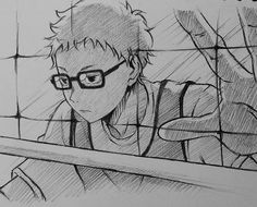 a pencil drawing of a boy with glasses looking out the window at something behind him