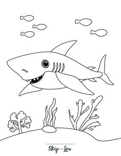 a cartoon shark swimming in the ocean with corals and fish on it's back