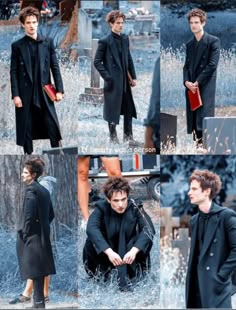 several pictures of a man in a black coat